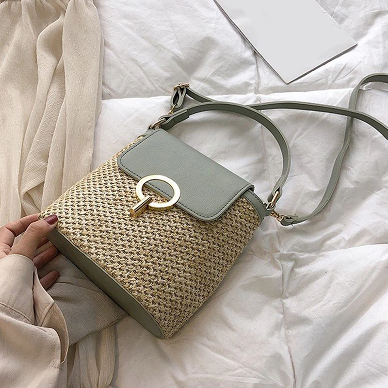 

Small Straw Bucket Bags For Women 2021 Summer Crossbody Bags Lady Travel Purses and Handbags Female Shoulder Messenger Bag