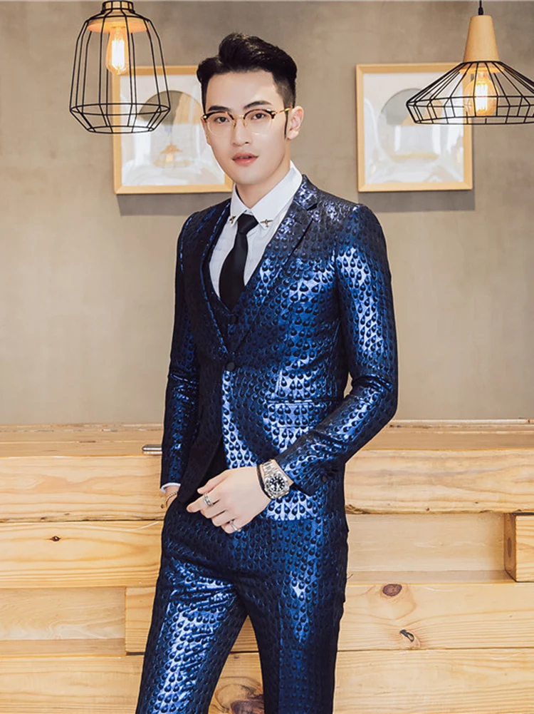 Роскошный костюм в стиле барокко цвет золотистый синий смокинг пиджак + жилет