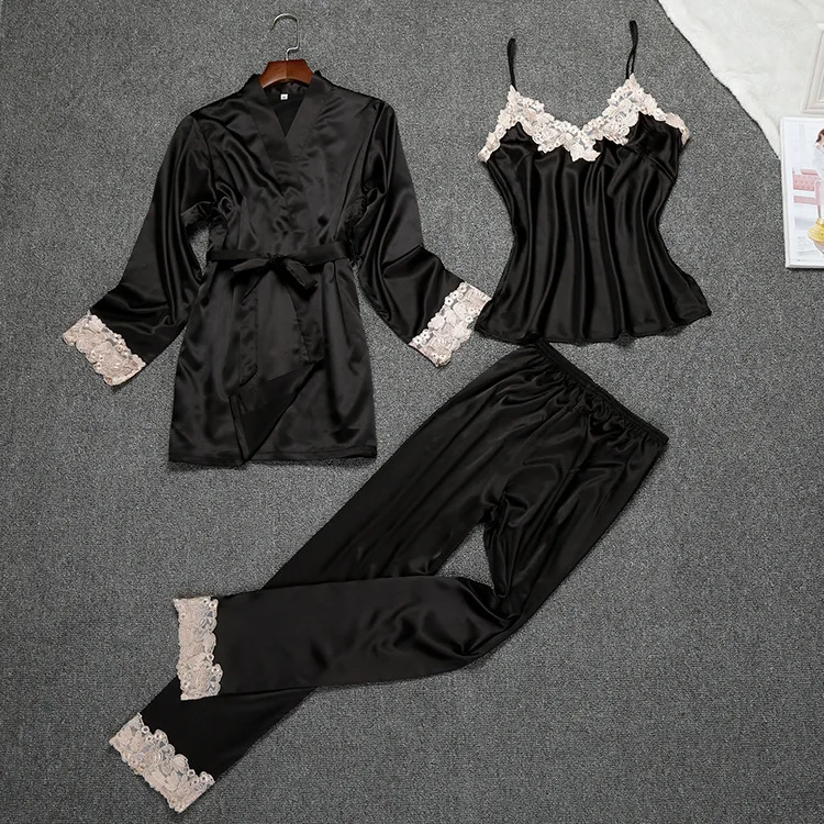 

NEW Womens Strap Top Pants Suit Night Robe Sleepwear Pajamas Kimono Bath Gown Casual 3pcs Sleep Set Spring Nightwear Sets M L XL