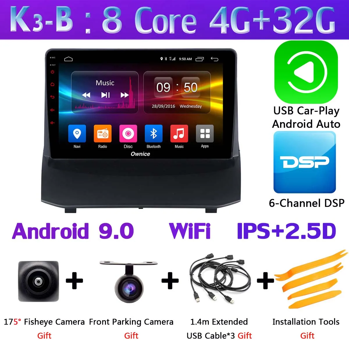 K3-B-CarPlay 360°4×DVR камера 4G LTE WiFi 8 ядерный Android 9,0 4G+ 64G SPDIF DSP CarPlay Автомобильный плеер для Ford Fiesta 2009- gps радио - Цвет: K3-B-CarPlay