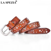 la spezia women belt rhinestone real leather orange rivet ladies waist belts female pin buckle genuine cowhide leather belt