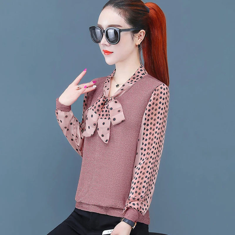 Женские весенне-осенние стильные женские блузки рубашки повседневные в горошек