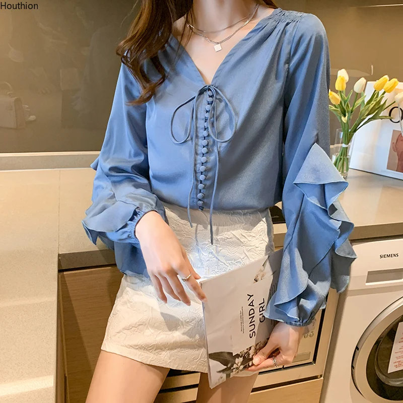 

Houthion Spring Autumn Slim All-match Women's Shirts New Fashionable and Casual V-neck Lotus Leaf Long Sleeve Solid Color Shirt