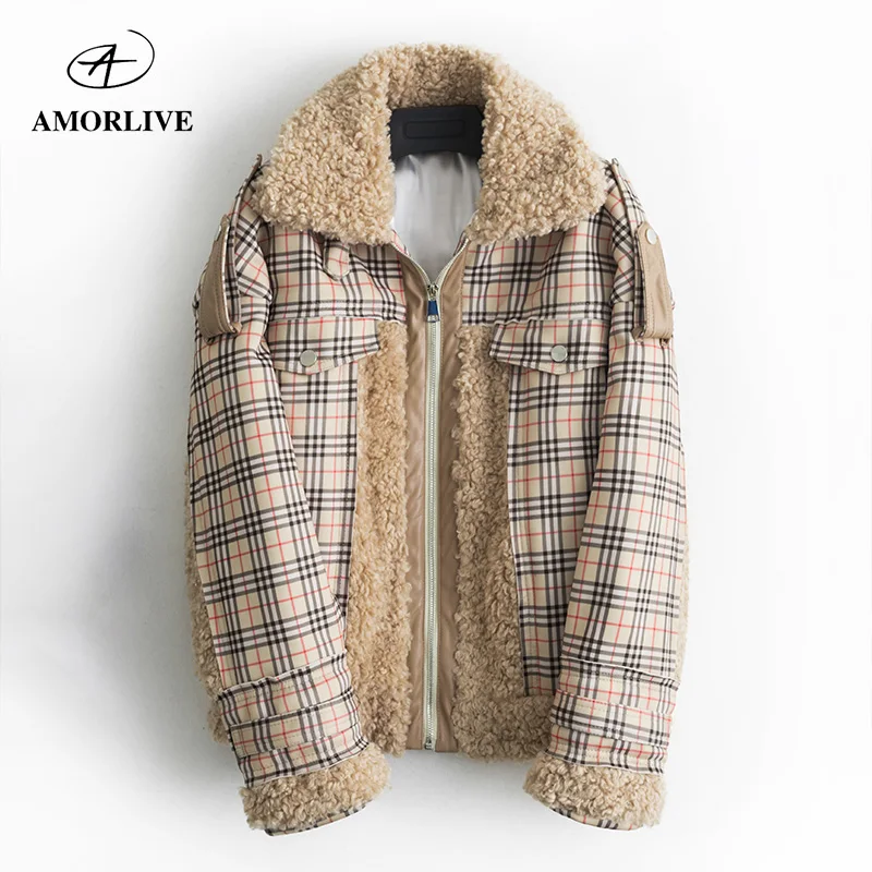 

AMOR LIVE New Women Fashion Lapel Woolen Plaid Short Coats Ladies Elegant Warm Fluffy Fur Patchwork Jackets Autumn Winter