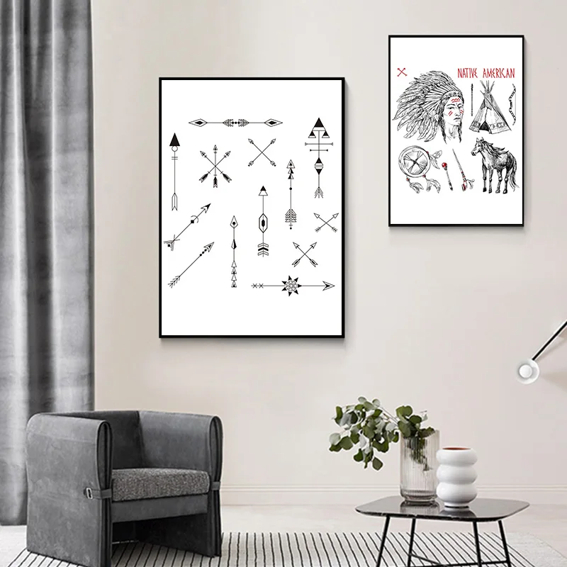 3 Панели Картина на холсте индейцев черно-белая стрела и слово плакат печать