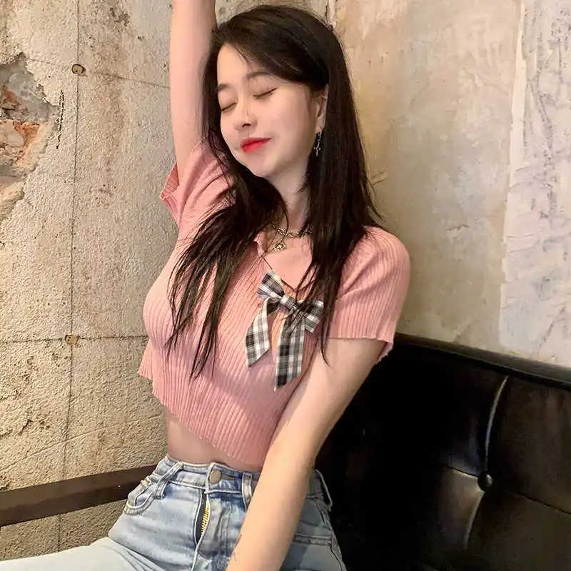 Милая облегающая короткая рубашка в Корейском стиле с бабочкой для