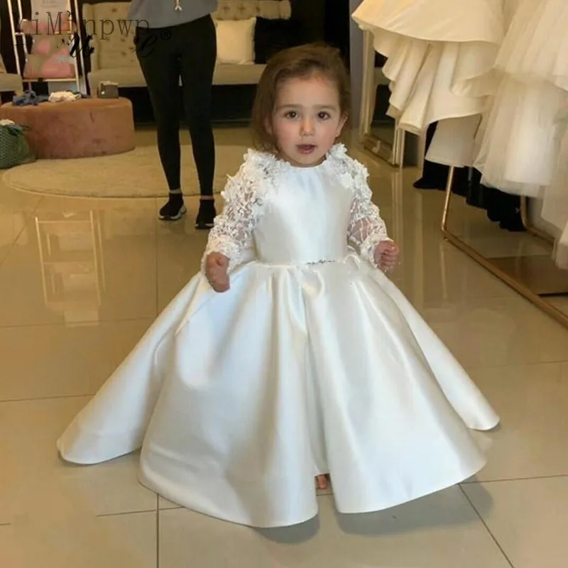 

YiMinpwp White Flower Girl Dresses for Weddings Jewel Long Sleeve Sweep Train Appliques 3D Floral Child First Communion Dress