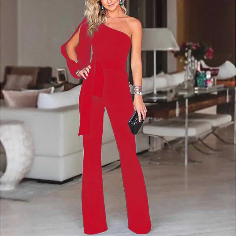 

EBay speed sell pass hot style cross-border sexy off-the-shoulder jumpsuits pure color bowknot belt jumpsuits women cultivate on