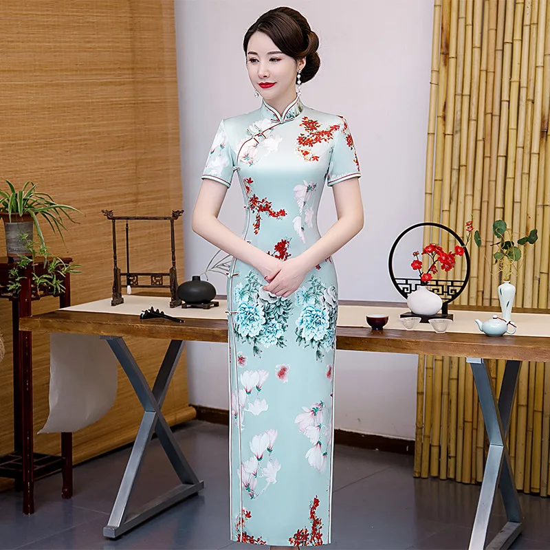 Атласное стильное пикантное традиционное китайское платье Ципао в стиле с