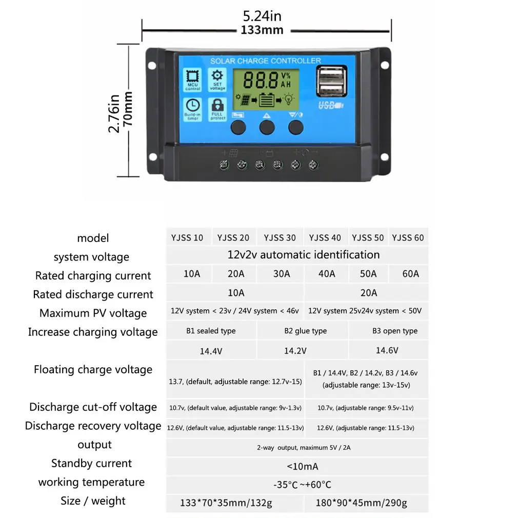 

60A/50A/40A/30A/20A/10A 12V 24V Auto Solar Charge Controller PWM Controllers LCD Dual USB 5V Output Solar Panel PV Regulator