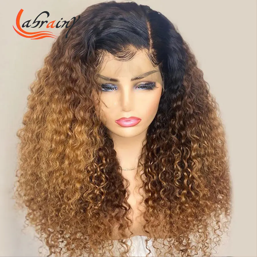 

Ombre Honey Blonde Lace Frontal Human Hair Wigs Brown Colored Kinky Curly Remy Wig Pre Plucked With Baby Hair PrePlucked 13x4