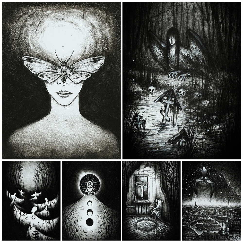

Witch Magic Circle,Angel,Siren,Gothic Pencil Drawing Art Print Decoration Poster And Print Fear,Darkness Wall Art Canvas Print
