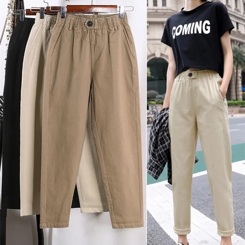 

FV LAI Beige High waist Casual Pants Women loose Spring Autumn 2021 New Women's Korean slim Harem pants Plus Size Nine pants 3XL