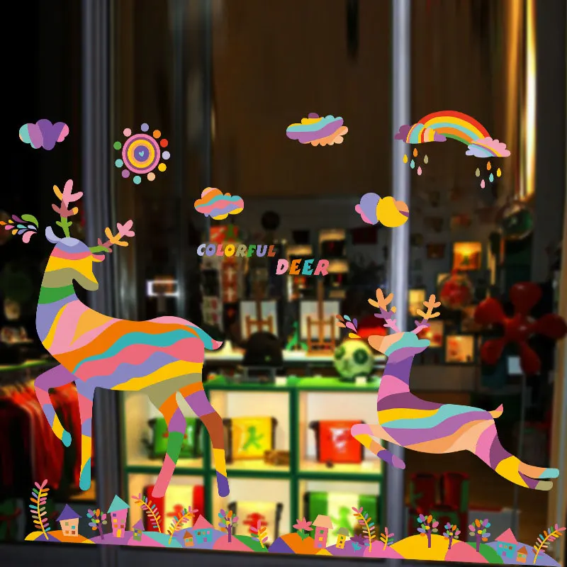 Красочные радужные Мультяшные наклейки на стену с прыжками и оленем лес для