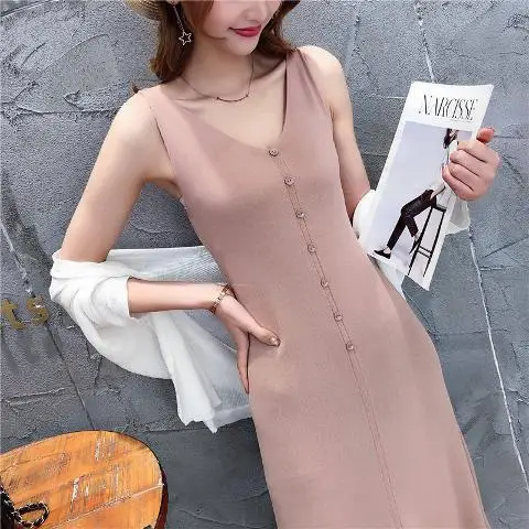 

Women 2021 Summer New Solid Color Casual Button Tank Dress Slim Ice Silk Sleeveless Vest Dresses Ladies V-neck Long Dresses L141