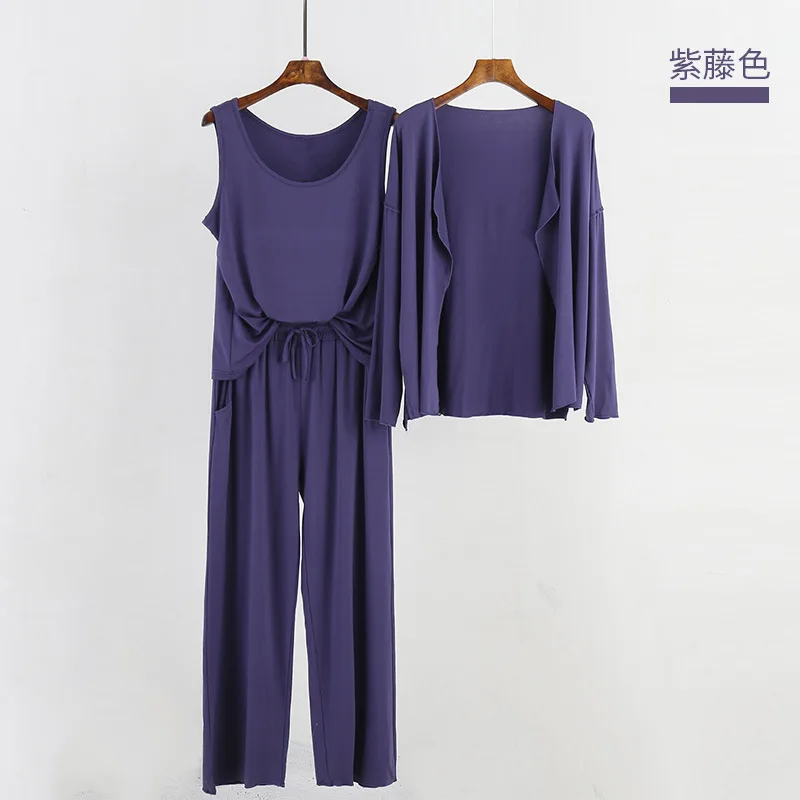 

2020 Autumn Modal Pajamas Suits Women Home Wear Fashion Goddess Cardigan+ Vest Top+pants Three-Pieces Set Outfit