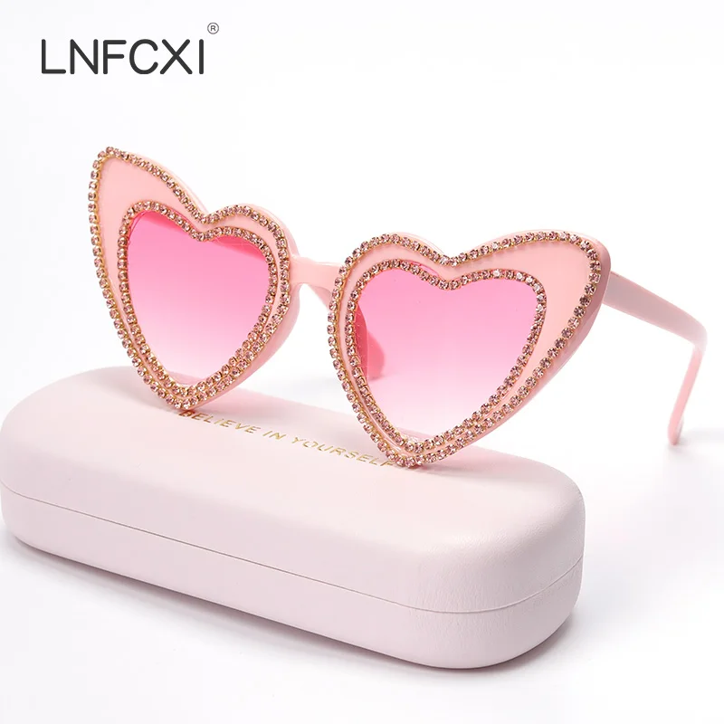 

LNFCXI Vintage Heart Sunglasses Women Fashion Luxury Rhinestone Decoration Cat Eye Sunglasses Men Eyeglasses Oculos Glasses