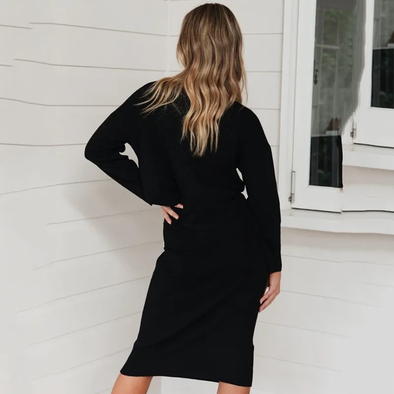 

FORERUN 2 Piece Set Women Long Sleeve Top and Midi Side Split Skirt Suit Autumn Winter Club Outfits Matching Sets