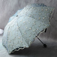 embroidery lace umbrella green woman double layers small 3 fold rain sun fashion female excellent parasol home umbrella df50um