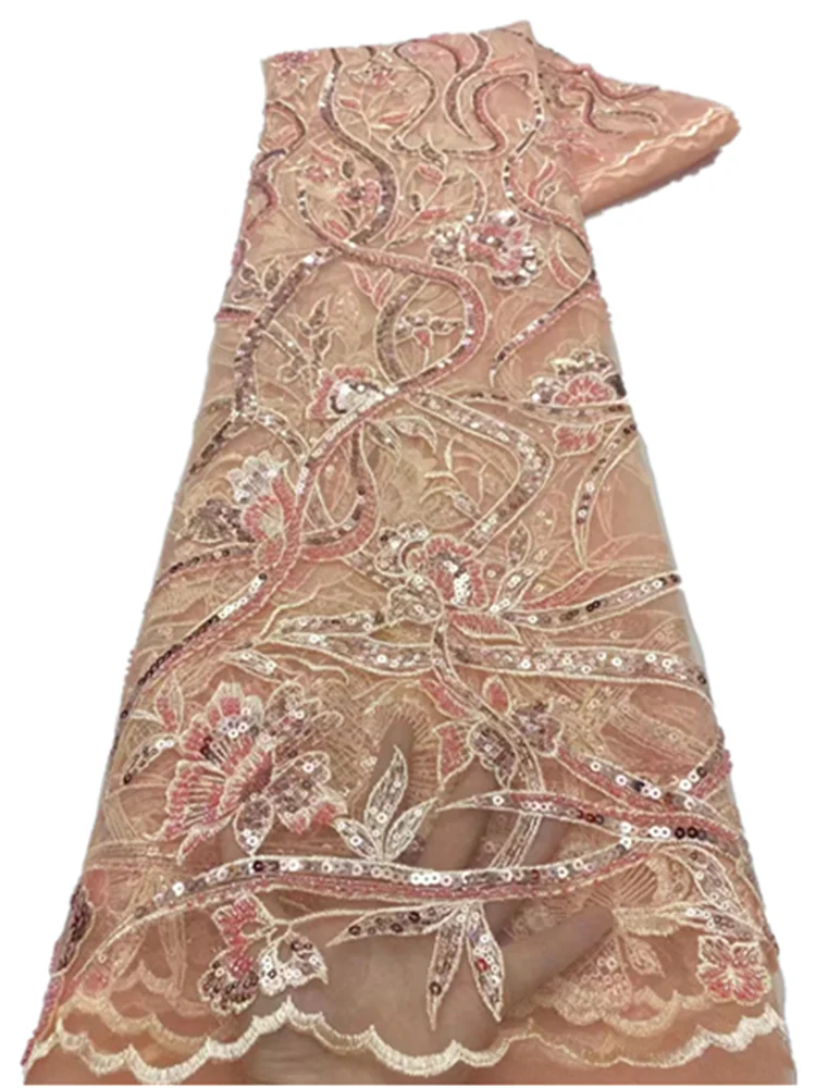 

African Lace Fabric 2021 High Quality pink Nigerian Sequin Lace Fabric French Milk Silk Fabric For Wedding Dress FC1111