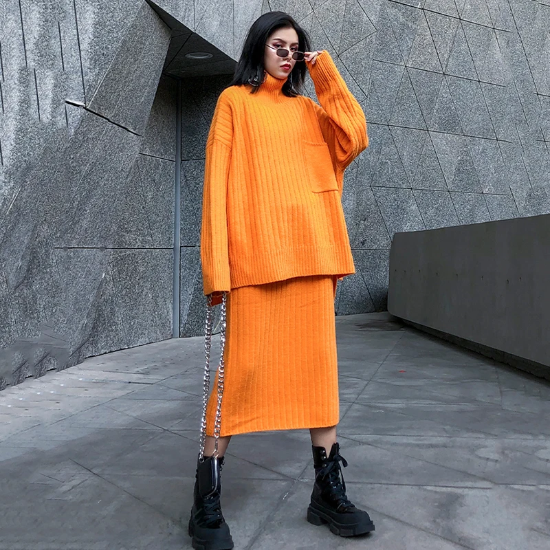 [EAM] Half-body Skirt Knittng Big Size Two Pieces Suit New Turtleneck Long Sleeve Loose Women Fashion Spring Autumn 1K341