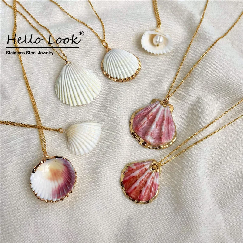 

Ожерелье с подвеской из натуральной ракушки Hellolook, позолоченная цепочка из нержавеющей стали 18 карат, колье-чокер, женские Украшения