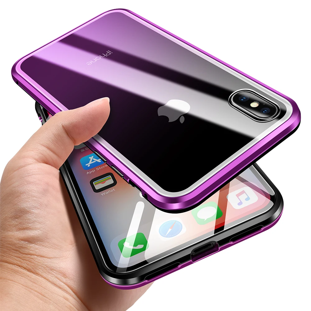 Magnetic Adsorption Metal Phone Case for iphone 7 8 Plus X Xs Max Xr Double Sided Tempered Glass Full Protective Cover | Мобильные
