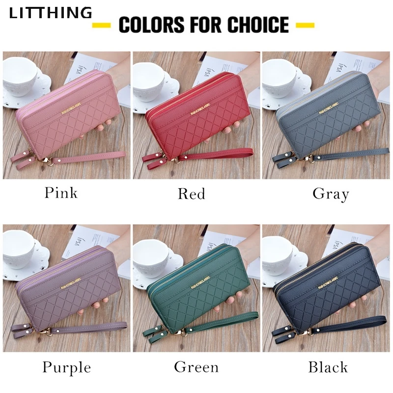 

Litthing Double Zipper Long Women Wallets Female Purse PU Leather Retro Ladies Woman Wallets Card Clutch Geometric Phone Purses