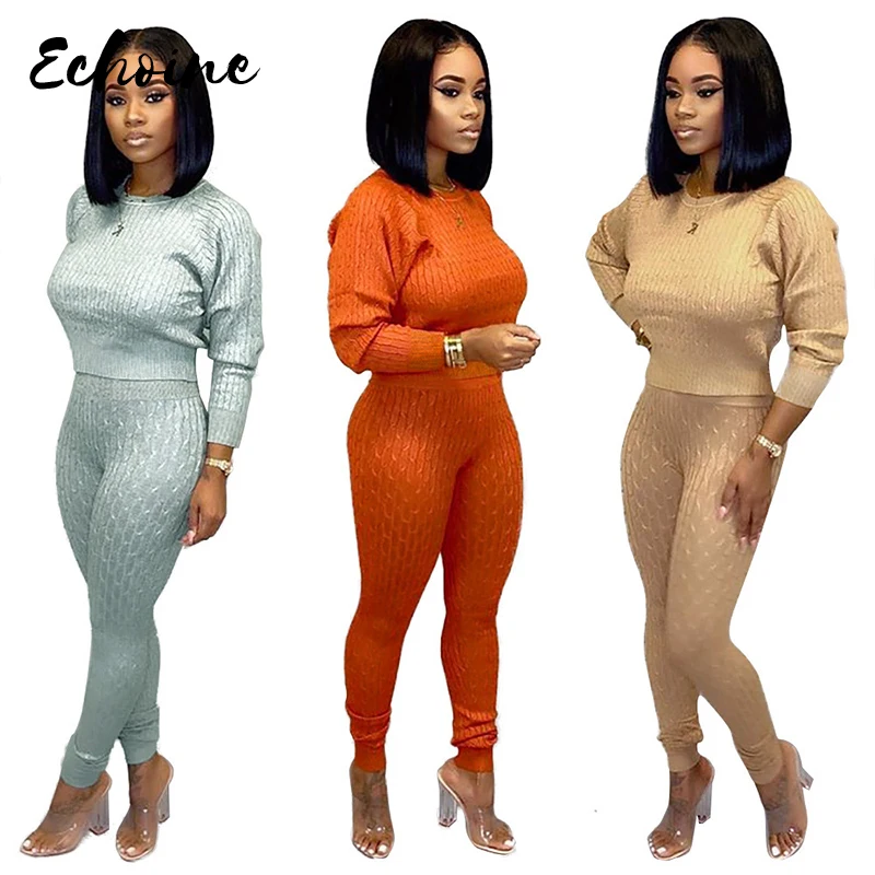 Autumn Winter Women Set Long Sleeve Knitting Sweater Pants Two Piece Tracksuit Club Sportwear Orange Yellow Outfits |