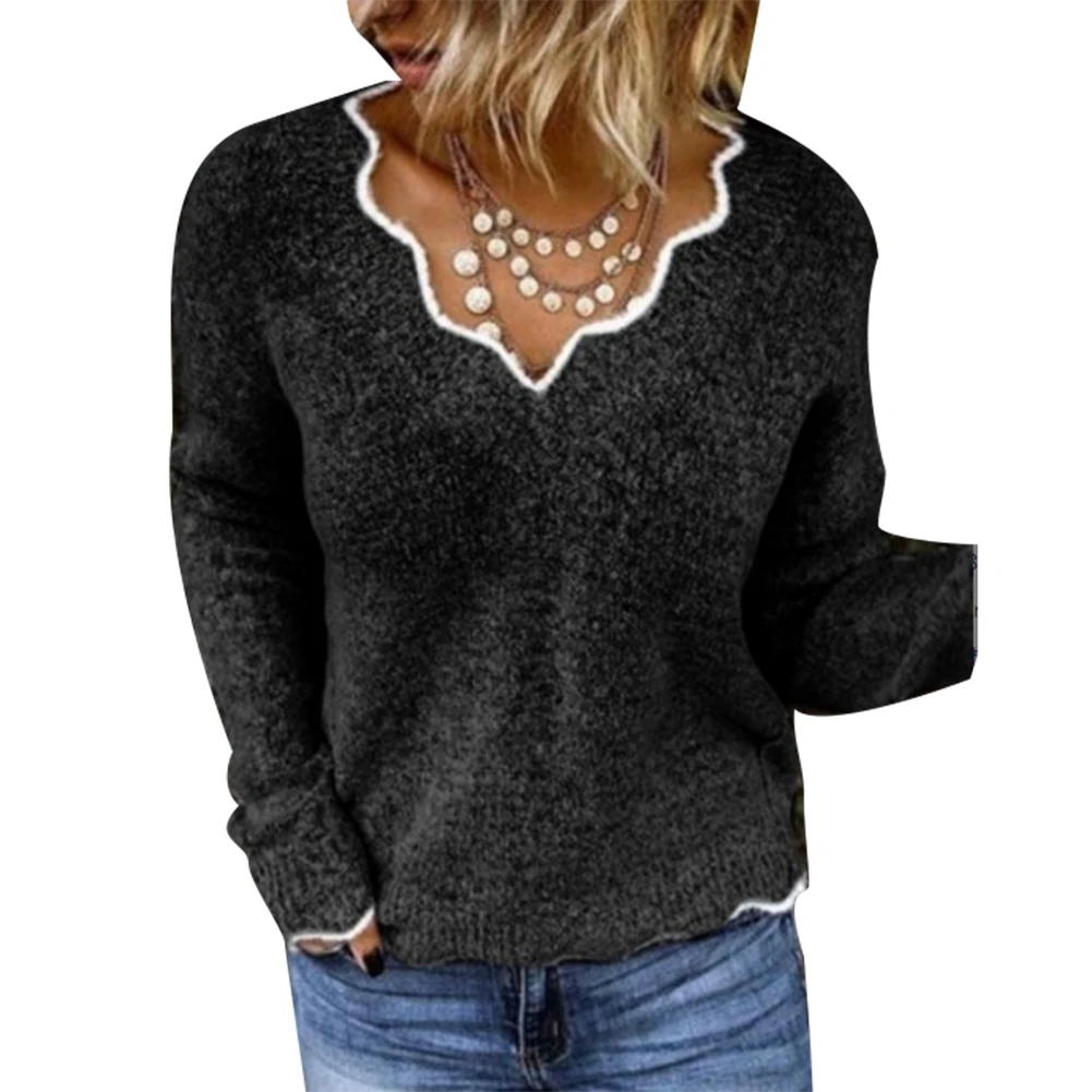 Модный однотонный осенне-зимний свитер с v-образным вырезом Женский вязаный
