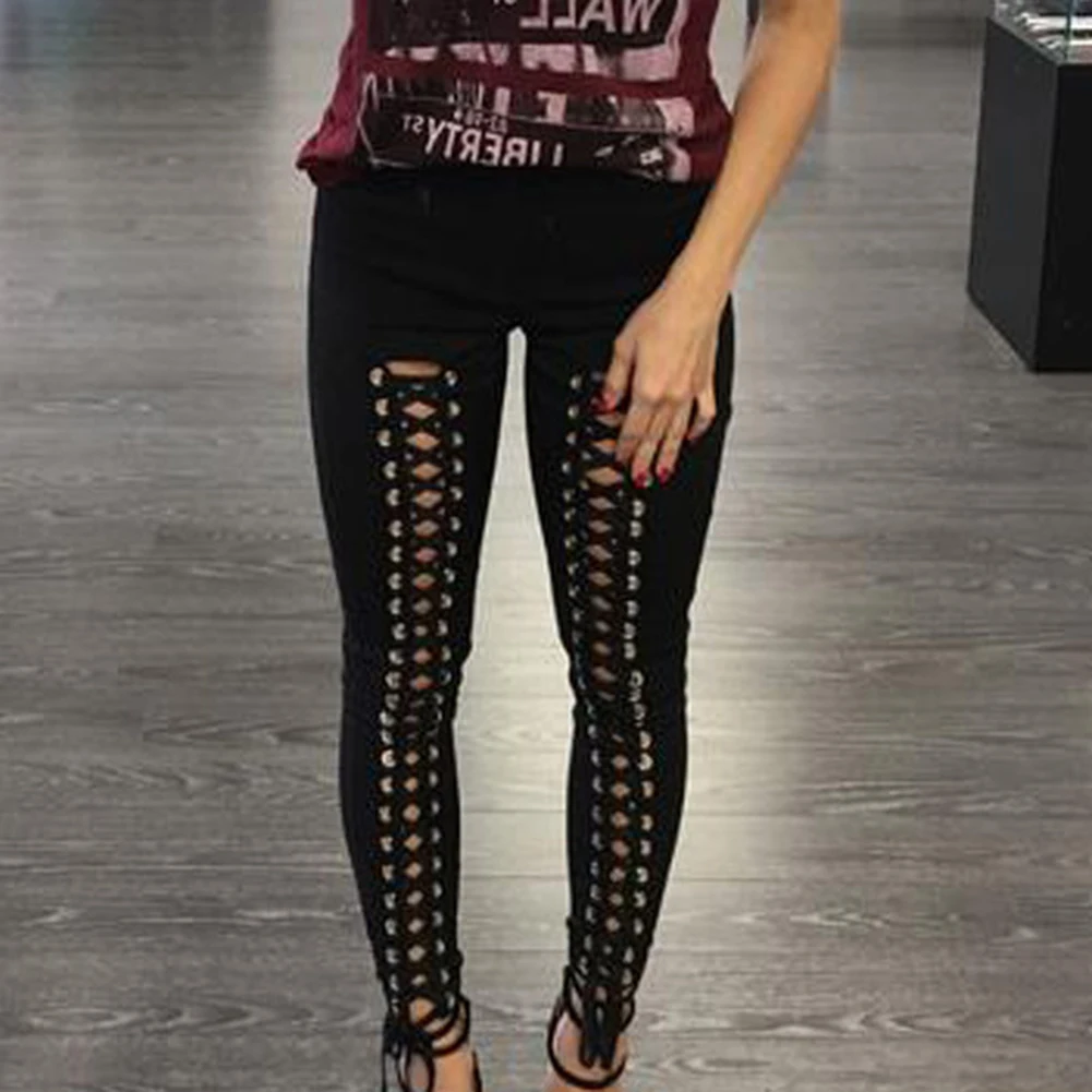 Fashion Women High Waist Pencil Leggings Stretchy Bandage Hollowed out Pants