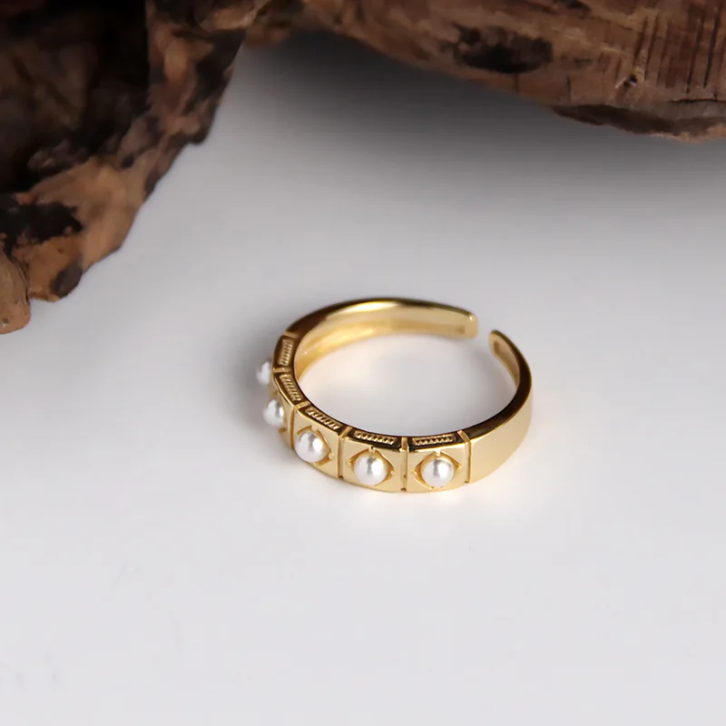 Leouerry 925 пробы серебряные кольца для женщин Золотая квадратная сетка жемчуг