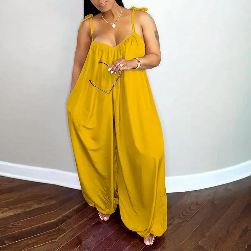 

Women Jumpsuits 2022 VONDA Sexy V Neck Wide Leg Pants Female Harem Pants Sleeveless Solid Color V Neck Pleated Long Jumpsuits