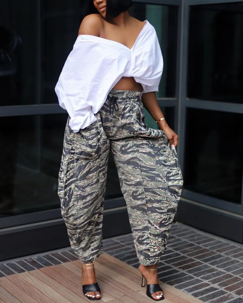

Camouflage Printed Clamshell Drawstring Harem Pants Women Fall 2021 New Fashion Casual Trousers