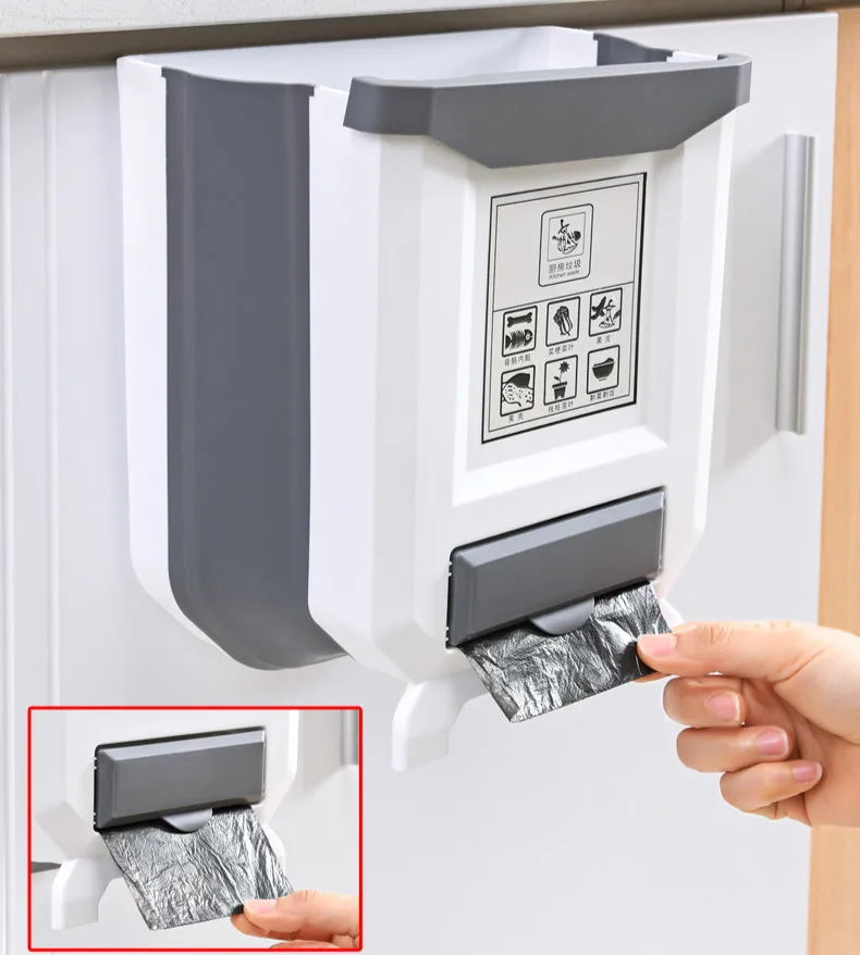 

9L Folding Waste Bin Kitchen Cabinet Door Hanging Trash Can Wall Mounted Trashcan for Bathroom Toilet Garbage Storage WJ40911
