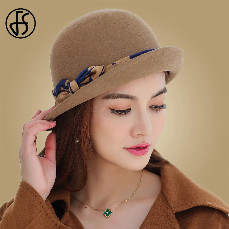 Женская винтажная фетровая шляпка Колокол FS шерстяная котелок с бантом мягкими