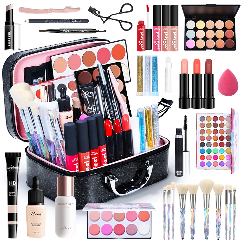 

KIT0014 POPFEEL All-in-one Holiday Makeup Gift Set (Eyeshadow, LiGloss,Lipstick,Brushes,Eyebrow,Concealer)Beauty Cosmetic Bag