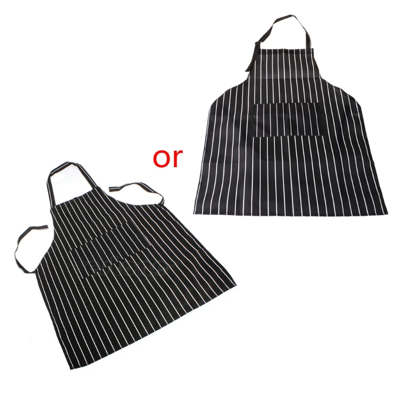 

K5DC Adjustable Black Stripe Bib Apron Waiter Chef Cook Kitchen Tool with 2 Pockets