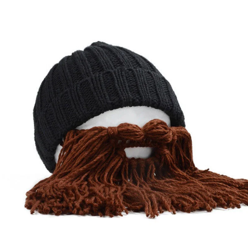 

Men Warm Wool Beanie Beard Face Mask Crochet Winter Ski Cosplay Prop Caps Hats, Black