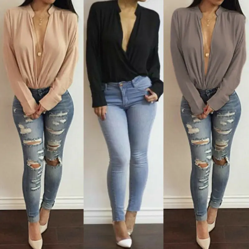 Womens Blouse Shirt Long Sleeve Stand Collar Solid Color Loose Chiffon Cardigan Deep V Neck Fashion Office Shirts Autumn | Женская