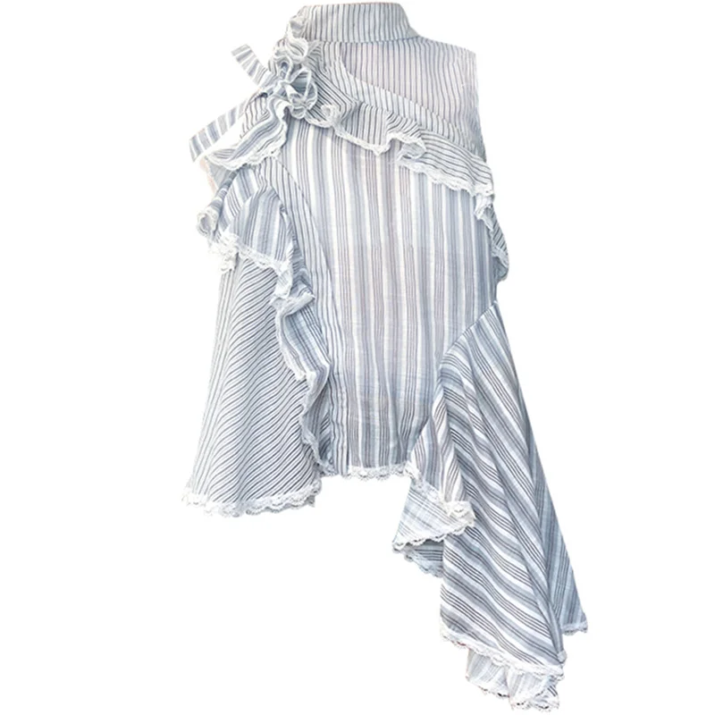 

2020 turn-down collar sleeveless striped ruffles patchwork straps lace irruglar shirt female top U424