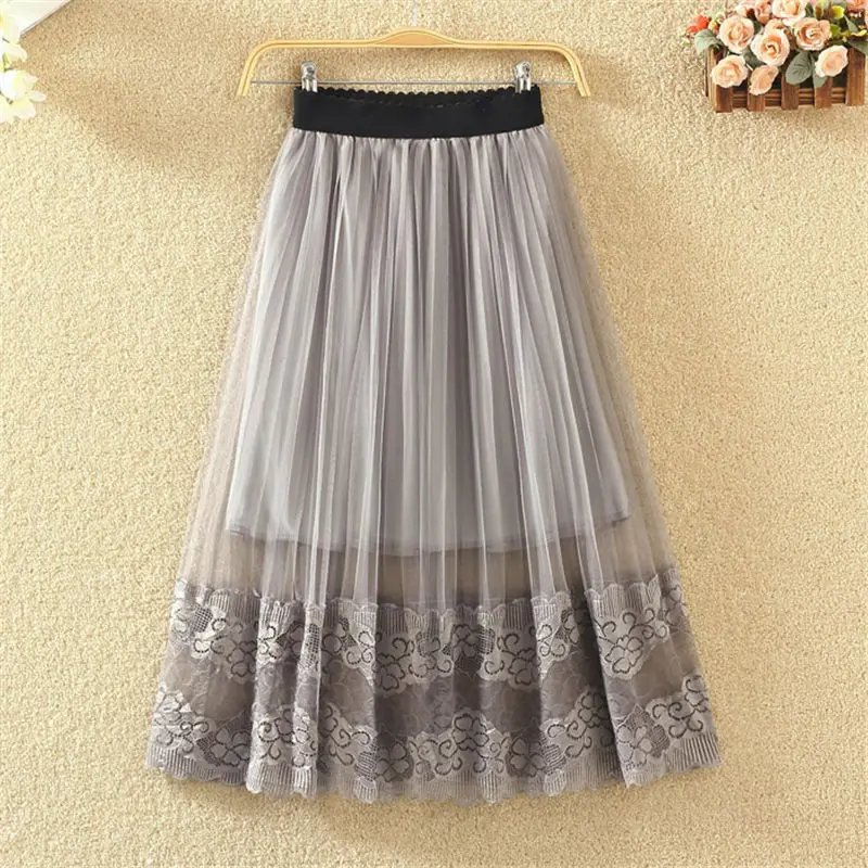 2019 винтажные кружевные юбки Женская эластичная юбка из тюля с высокой талией