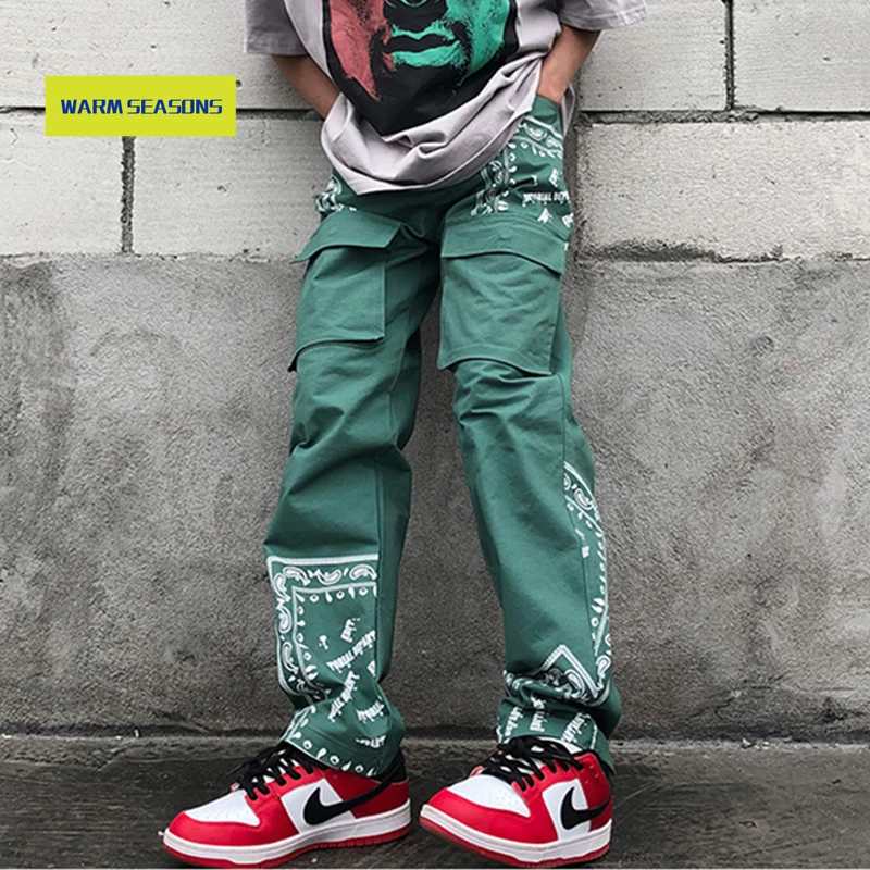 

Harajuku Cashew Flower Print Pockets Overalls Mens and Women High Street Straight Loose Cargo Pants Oversize Casual Trousers