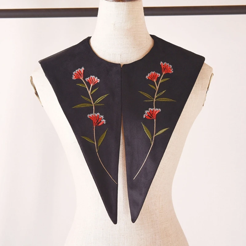 

New Chiffon Detachable Half Shirt Velvet Floral Embroidery Fake Collar Dickey F42F