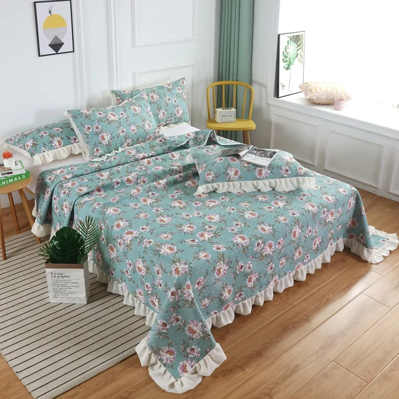 

Shabby Chic Country Cottage Floral Bedspread Quilt Coverlet 100% Cotton Light Blue Queen Size 3/5Pcs Bed Cover set Pilow shams