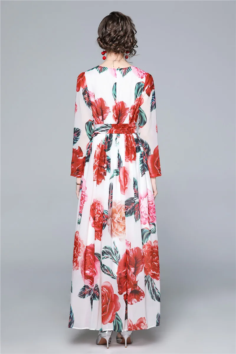 

Women Spring Designer Elegant Floral Print Maxi Dress Fashion Party Robe Femme Vintage Holiday Chiffon Dresses Vestidos
