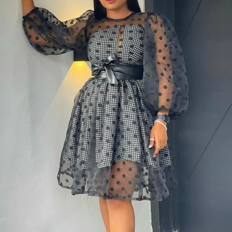 

Two Pices Sets Party Dresses Women Black Polka Dot Transparent Loose Inside Plaid Printed Dress See Through with Sashes Summer