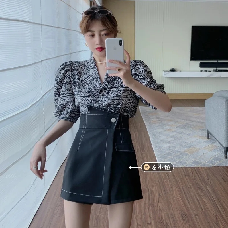 

Новинка 2021, тонкая рубашка в гонконгском стиле, женская летняя французская Блузка + юбка, фанат богини