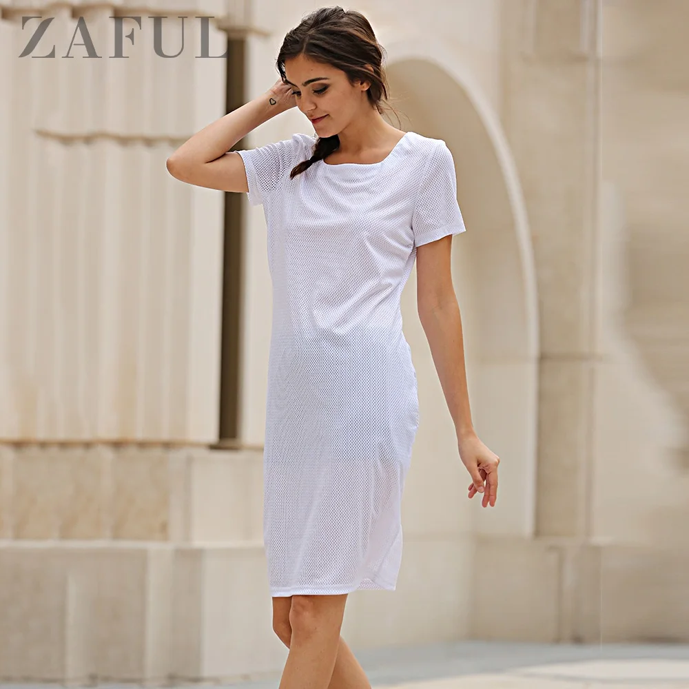 Женское платье с круглым вырезом ZAFUL повседневное однотонное Прозрачное