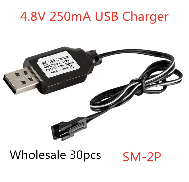 Wholesale 30pcs Charging Cable USB Battery Charger Ni-Cd Ni-MH Batteries Pack SM-2P Plug Adapter 4.8V 250mA Output Toys Car